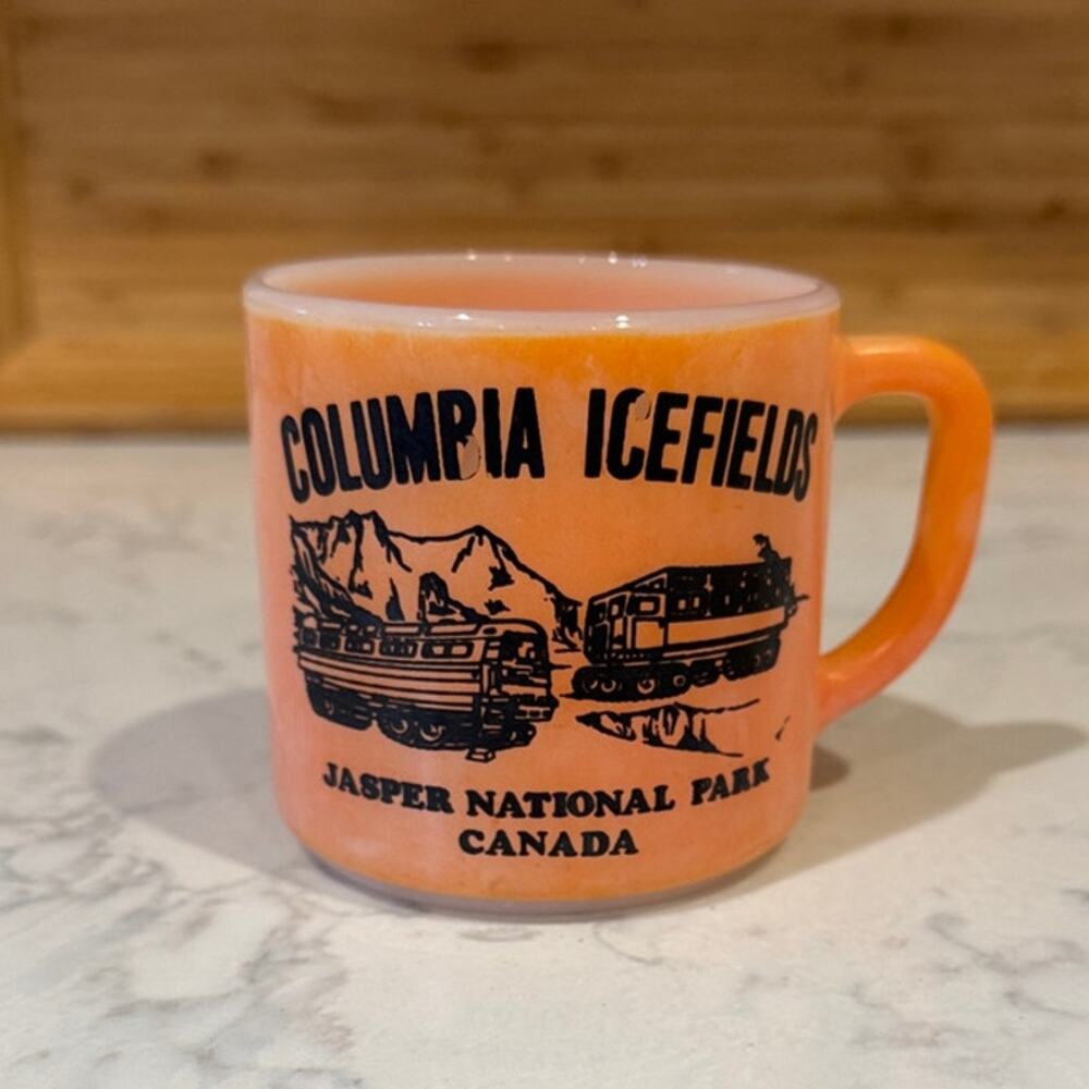 vintage milk glass mug orange Columbia Icefields Jasper National Park Canada 70s